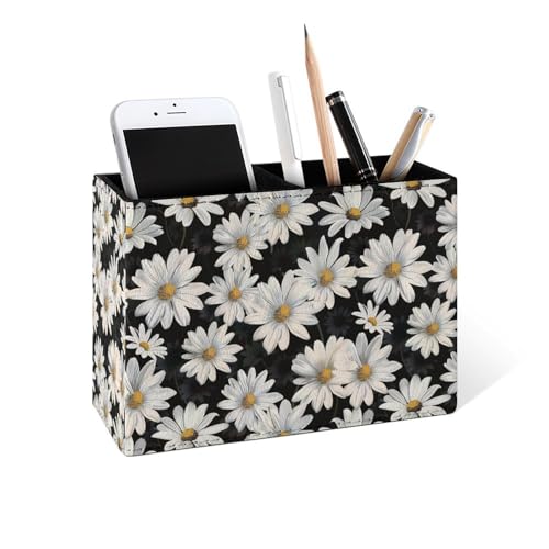 Famame White Daisies Seamless Leaves Pencil Holder for Desk, Leather Desktop Container Pen Cup Storage Study Table Pen Organizer Makeup Brush Holder for Classroom Office Home - color: White Daisies