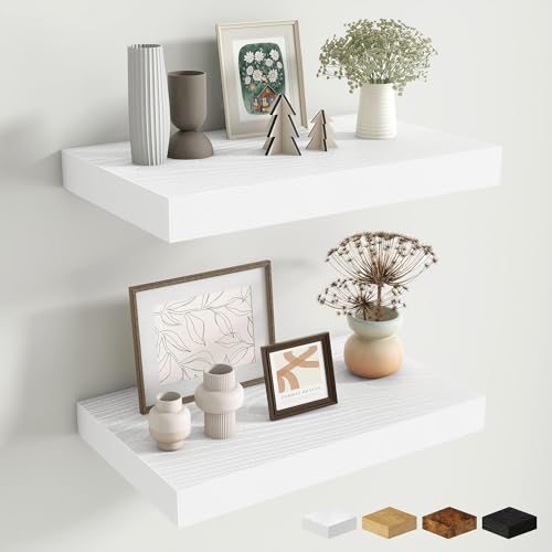 Fun Memories Wood Floating Shelves 16 Inch, 10 Inch Deep Shelves Wall Mount, Wall Shelves with Invisible Bracket, 16" Floating Shelves for Living Room Bathroom Bedroom, White, Set of 2 - color: Modern White, size: 16W x 10D x 1.5H