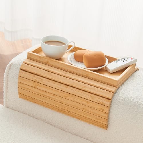 LOVYANXUE Bamboo Sofa Arm Tray, Anti Falling Couch Arm Tray Table, Foldable Couch Armrest Table, Portable Sofa Armrest Trays Cup Holder for Drink, Cups, Phone, Snacks, Remote - color: Bamboo Color, size: Large (without Phone Holder)