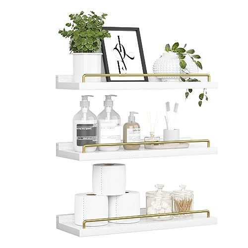 RYOFOBETTO Floating Shelves for Wall Decor, White and Gold Shelves for Bathroom, Living Room, Bedroom, Picture Frames, Plants, Kitchen (Set of 3) - color: White and Gold, size: 16"