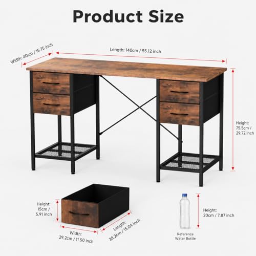 SUMELL 55 Inch Computer Desk with 4 Drawers, Rustic Brown Home Office Desk with Mesh Shelf for Gaming, Study, and Writing Workstation
