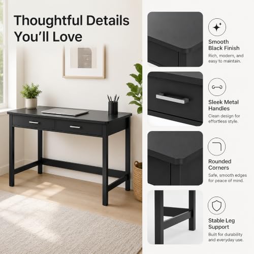 4NM 39.4" Small Desk with Wood Drawers, Home Office Computer Desk with Wooden Legs, Study Writing Table Vanity Desk for Small Spaces - Black - color: Black