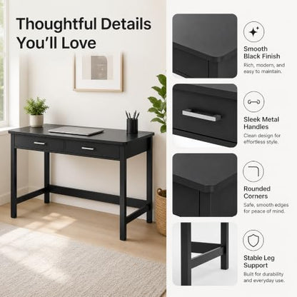 4NM 39.4" Small Desk with Wood Drawers, Home Office Computer Desk with Wooden Legs, Study Writing Table Vanity Desk for Small Spaces - Black - color: Black