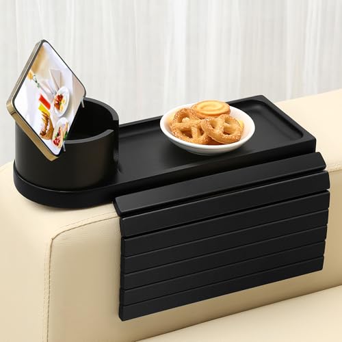 Couch Cup Holder Tray, 15.75" Bamboo Cup Holder for Couch, 3 in 1 Foldable Arm Chair Clip on Side Tray Table for Remote Snack Table on Armrest - color: Black