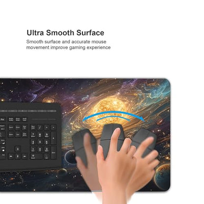 Extended Gaming Mouse Pad,XXL Extended Gaming Keyboard Mat, Solar System Universe Design, Laptop Desk Protector 35.4 x 15.7 Inches, Rubber Material, Anti-Slip Base, Rectangular Shape, Stitched Edges - color: Solar System Universe