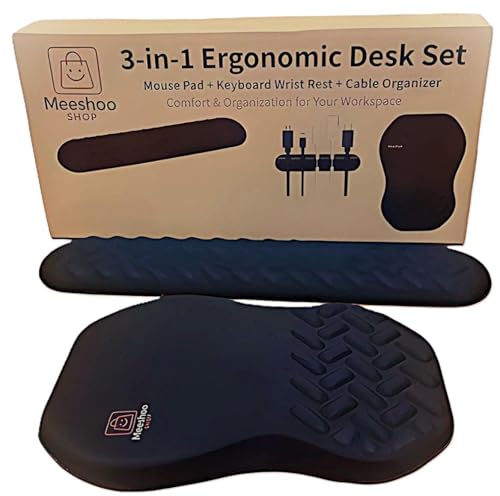 3-in-1 Ergonomic Mouse Pad Set with Keyboard Wrist Rest Support & Cable Organizer – Memory Foam for Carpal Tunnel & Pain Relief, Non-Slip Base – Ideal for Office & Gaming – Gift Box – Black-Meeshoo
