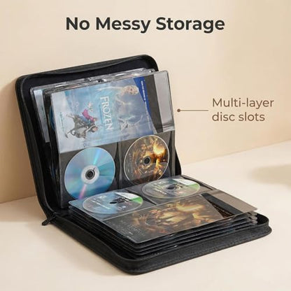 CD DVD Storage Binder with Handles - Holds 200 Discs & 100 Booklet Pockets, PU Leather Cover for Blu-ray Movies, Music CDs, Audio Disks, Portable Media Organizer - size: 200 cd case