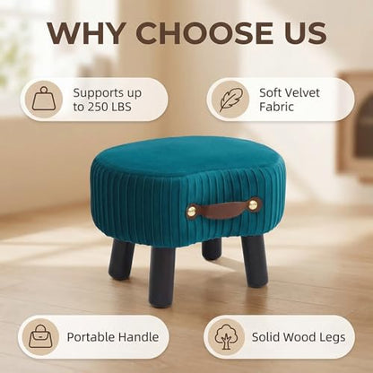 Foot Stools Small, Ottomon with Handle, Velvet Footrest Ottoman | Curved Foot Stool with Padded Seat Wooden Legs, Portable Foot Rest for Living Room, Bedroom, Entryway, (Peacock Blue) - color: Peacock Blue