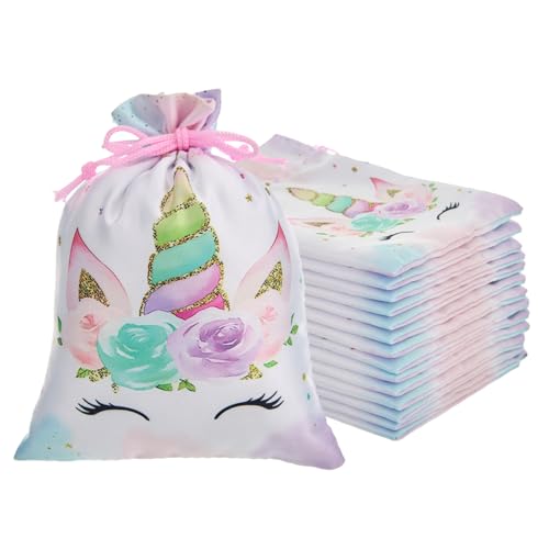 RICHNESS Unicorn Party Favor Bags with Floral Design, Drawstring Closure, Pastel Colors, Pack of 16 - color: White