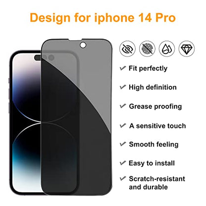 PEHAEL 2+2 Pack for iPhone 14 Pro Privacy Screen Protector with Camera Lens Protector Full Coverage Anti-Spy Tempered Glass Film 9H Hardness Easy Installation Bubble Free [6.1 inch]