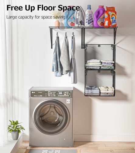2 Pack Laundry Room Shelves Organization and Storage,Wall Mounted Clothes Drying Rack with Wire Mesh Basket Over Washer and Dryer, (Black, 2 Pack) - color: Black
