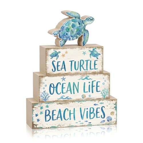 4 Pcs Summer Sea Turtle Bathroom Decor Summer Ocean Table Decorations Beach Tiered Tray Decor Coastal Wooden Signs Shelf Sitter Save The Sea Home Kitchen Office Decorations - style: Turtle