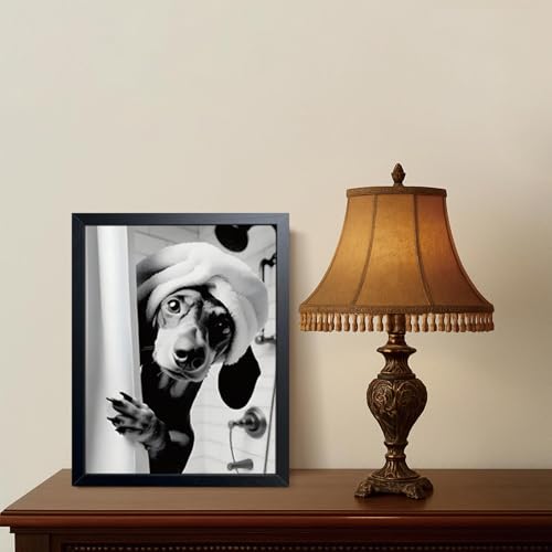 XYHYRA Black and White Bathroom Wall Art, Funny Dachshund Canvas Prints Poster, Cute Animal Wall Decor Picture, Modern Farmhouse Restroom Bathroom Home Decoration 16x24 Inch Wood Framed - color: Black and White Animation-A, size: 24"L x 16"W