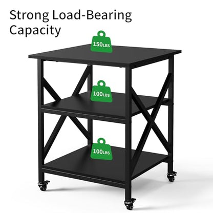 3 Tier Printer Stand, Large Table with Wheels, Rolling Cart with Height Adjustable Middle Storage Shelf, 23.6 x 23.6 x 30.3 Inches Shelf for Home Office, Black - color: Black