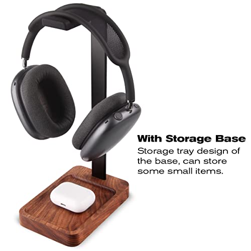 Walnut Wood & Aluminum Headset Holder, Desktop Headphone Stand, Universal headphone holder for most music gaming headsets - Black Walnut