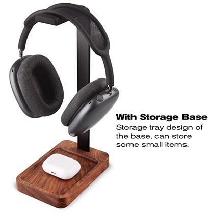 Walnut Wood & Aluminum Headset Holder, Desktop Headphone Stand, Universal headphone holder for most music gaming headsets - Black Walnut