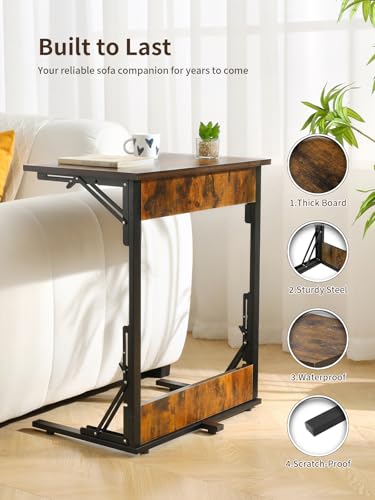 Upgraded 24" Folding C Shaped End Table, Small Sofa Side Laptop Desk, Couch TV Tray Table for Living Room, Bedroom (1, Rustic Brown) - color: Brown, size: set of 1