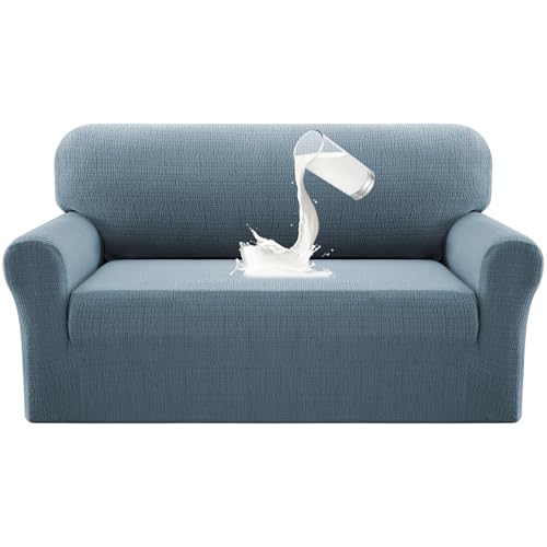 PrinceDeco Waterproof Couch Cover Slipcovers for Sofas,Stretch Loveseat Cover for 2 Seat Couch,Love Seat Sofa Covers Furniture Protector for Kids, Pets, Dog (Loveseat Seat Width 38"-46" Stone Blue) - color: Stoneblue, size: 2 Seat (Seat Width 38"-46")