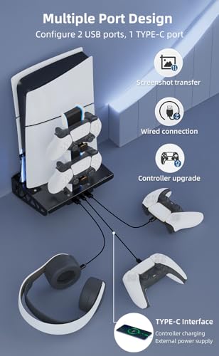 PS5/PS5 Slim/ PS5 Pro Wall Mount, Accessories Kit with Cooling Fan & Charging Station, Shelf Floating Mount for PS5/PS5 Slim/ PS5 Pro Disc & Digital Console, Behind TV Wall Bracket
