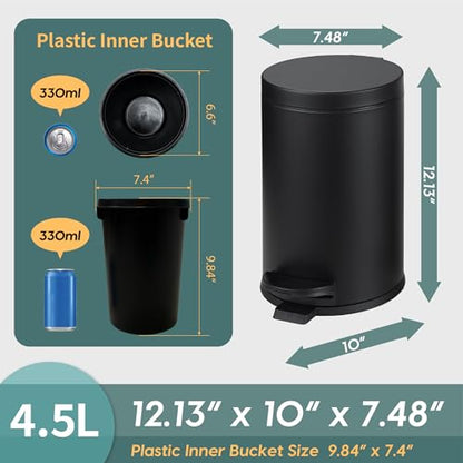 SunnyPoint 4.5 Liter(1.2 Gallon) Small Round Trash Can with Plastic Inner Bucket; Bathroom, Office, Kitchen and Bedroom Step On and Slow Close (BLK) - color: BLK, size: Small
