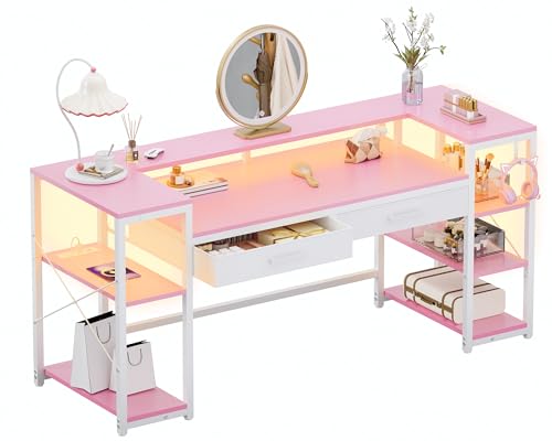 Pamray 58 Inch Computer Desk with Monitor Stand and Shelves Gaming Desk with LED Lights & Power Outlets PC Vanity Table with 2 Drawers for Home Office Pink - color: Pink