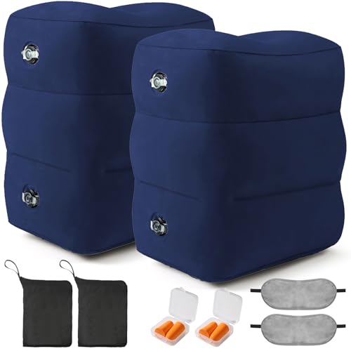 Inflatable Foot Rest Pillow for Travel - Adjustable Height Flight Foot Rest with Eye Mask and Earplugs for Kids & Adults on Airplane, Car, Train, Office, and Home (Blue, 2 PCS) - color: Blue, size: 2 Pack
