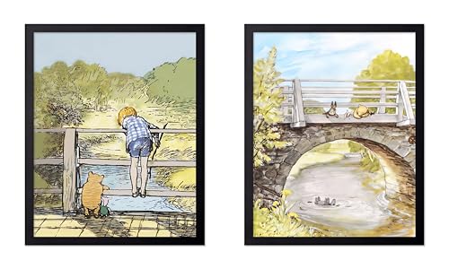 Monem Art 2-Piece Vintage Winnie Pooh and Friends Poster - Winnie Pooh on Stone Bridge Print - Story Book Art - Watercolor Art - Aesthetic Kid's Room or Nursery Decor - 18x24 UNFRAMED Wall Art - color: Style-11, size: 18"L x 24"W