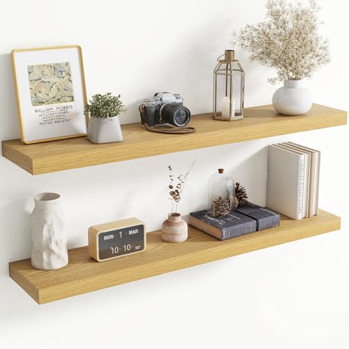 48 Inch Floating Shelves for Wall, 8 Inch Deep Floating Shelf for Storage & Display, Rustic Wall Mounted Shelf with Invisible Brackets for Living Room, Kitchen, Bathroom, Home Decor, Set of 2, Oak - color: Oak, size: 48 Inch, Set of 2