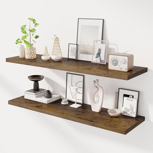 Dreamland 48" Floating Shelves for Wall, 12" Deep Slim Rustic Brown Floating Shelves,Wall-Mounted Shelves for Bedroom, Living Room, Kitchen, Bathroom - Set of 2 - color: Rustic Brown, size: 48"W x 12"D x 1.3"H, Set of 2