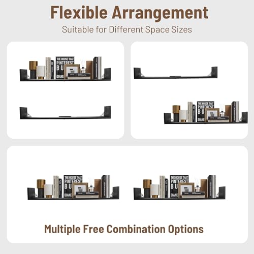 PHOENANCEE Floating Book Shelves,32 Inches Wall Bookshelf U Shaped,Long Hanging Bookshelf for Wall,Large Rustic Storage Books Shelves for Living Room Kitchen Bathroom Office,Set of 4(Black) - color: Black