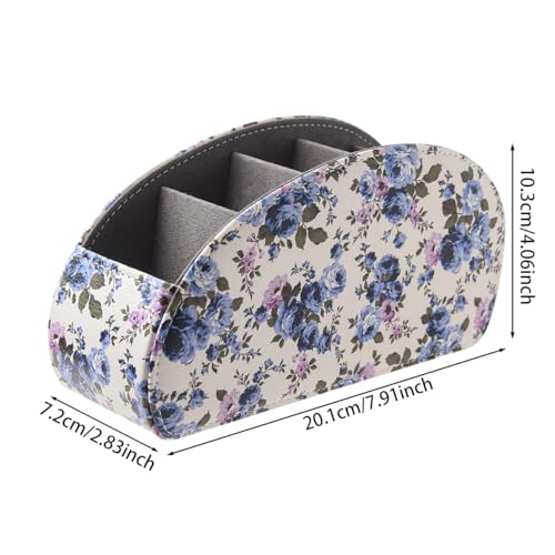 Remote Control Holder with 5 Compartments,PU Leather Remote Holder Compatible with Fire TV Remotes, Media Player Remotes, Heater Controllers, and Air Conditioner Remote Controls(Blue-flowering) - color: Blue-flowering