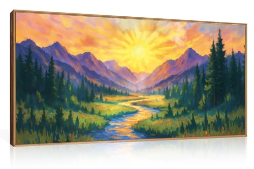 HPNIUB Boho Mountain Sunrise Framed Canvas Wall Art Set,Nature Colorful Wilderness Wall Decor,Abstract Landscape Art Print,Sunset Pine Tree River Artwork for Living Room, Bedroom,Dining Room,Office -20''x40'' - color: Pine Mountain Wall Art, size: 40"L x