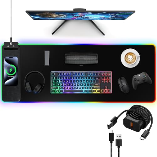 RGB Gaming Mouse Pad with Fast Wireless Charger, LED Extended Desk Mat, Home Office Large Desk Pad with Ultra-Smooth Surface, Non-Slip Base, Waterproof Keyboard Pad (Black) - color: 31.5x11.81"-Black w/PD Charger