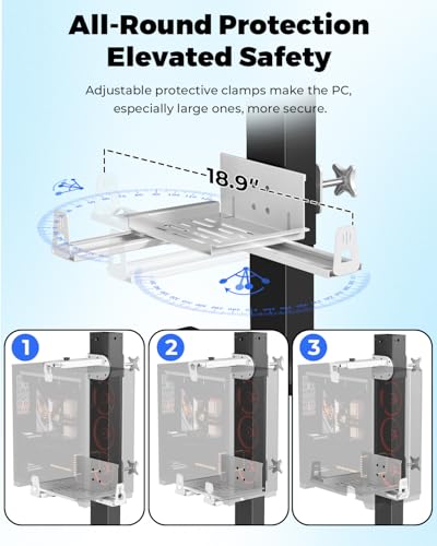 JOY worker No Drilling Under Desk PC Mount for Standing Desk, Clamp-On Desk Leg Computer Mount with Extra Protective Arms, Adjustable Computer Case CPU Holder Holds Up to 44lbs, White - color: White, style: Upgraded