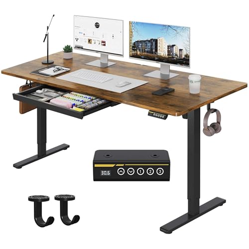 Electric Standing Desk with Drawers,48x24 inches Height Adjustable Sit-Stand Desk with Storage Shelf,3 Preset Heights,Equipped with Hooks,Ergonomic Gaming Table for Home and Study，Brown - color: Brown, size: 48X24