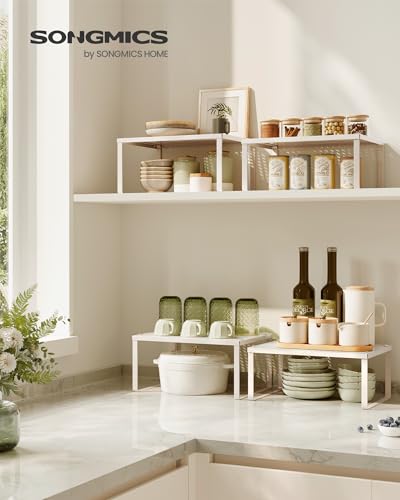 SONGMICS Spice Racks, Set of 2 Metal Cabinet Shelf Organizers, Countertop Organizers, Shelf Risers, Stackable, Expandable, Oatmeal Beige UKCS001K01 - color: Oatmeal Beige, size: 9"D x 12.6"W x 6.1"H + 8.6"D x 12.6"W x 5.4"H