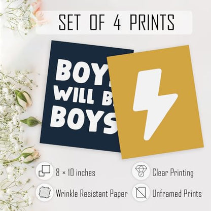 HRQKO Boho Boys Room Wall Art Poster Set, Positive Boys Playing Prints, Black Checkered Hand Prints, Unframed (blue) - 4 Pieces (12'x16') - color: blue4, size: 8x10