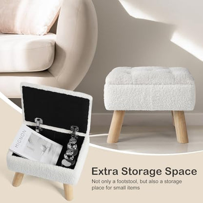 OGEMXU Storage Ottoman, Small Foot Stool Ottoman with Storage, Boucle Teddy Velvet Foot Rest with Padded Seat, Sturdy Wood Legs Stool for Living Room, Bedroom, Couch, Enterway (Cream) - color: Cream