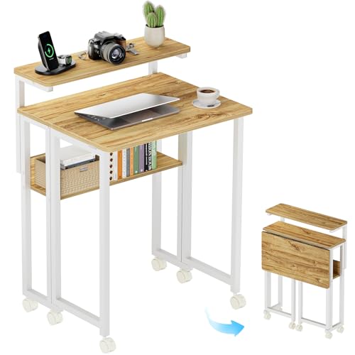 GreenForest Folding Desk with Adjustable Monitor Stand, 24.8 in Small Desk | Storage Shelf, Lockable Wheels, Portable, Space Saving, Mobile Rolling Table for Small Spaces, Home Office, Writing, Oak - color: Oak