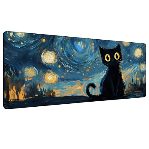 Black Cat Under Starry Night Gaming Mouse Pad Large Desk Mat Extended Keyboard Anime Mousepad with Non-Slip Base and Stitched Edge for Desk Home Office Gaming,31.5 x 11.8 Inch - color: Black Cat under Starry Night, size: 11.8*31.5inch