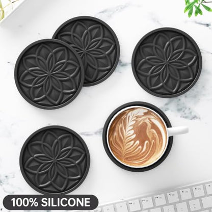 HFHOME Silicone Coasters Set with Holder - 6 Pack Drink Coasters for Coffee Table, Bar, Desk - Tabletop Protection Gift - Black - color: Pure Black