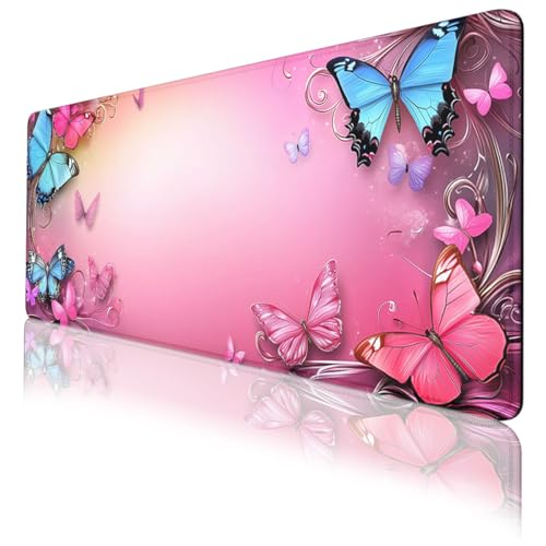 Pink Butterfly Mouse Pad Flowers Princess Blue Romantic Desk Mat, Non-Slip XL Computer Big Mouse Mat with Keyboard Pad for Work, Gamer, Office, Home 31.5x11.8 in - color: Pink Butterfly, size: 31.5L x 11.8W inches
