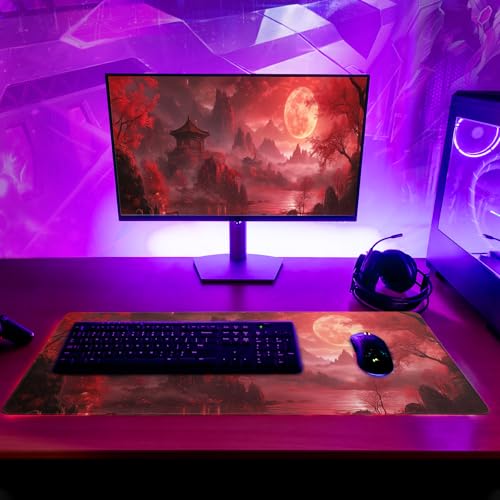 Red Landscape Mouse Pad 31.5x11.8 Inch Red Full Desk Japanese Mousepad Extended Large Non-Slip Rubber Base Waterproof Big Keyboard Mat with Stitched Edges for Gaming and Office - color: Red Landscape