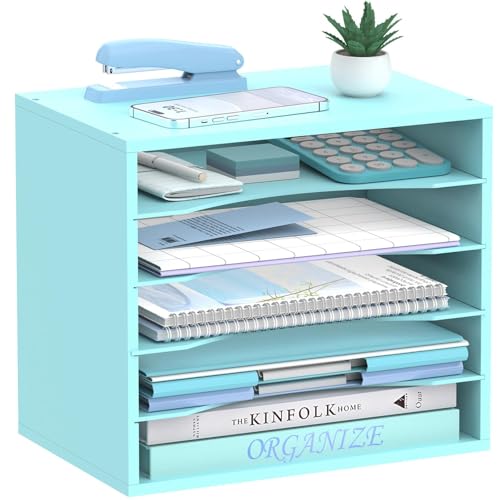 5-Tier Wood Desk Organizer, Paper Tray Organizer for Desk with Adjustable Storage Shelves, Desktop File Organization Paper Sorter Mail Holder for Office Home Classroom, Blue - color: Blue, size: 5 Tier