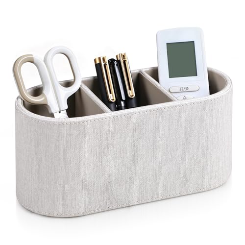Aesthetic Remote Control Holder, PU Leather Remote Holder Desktop Organizers with 3 Compartments for Home Office Supplies and Accessories, Stylish Bedside Nightstand Organizer (Linen) - color: Linen