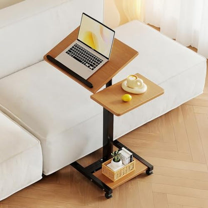 LINGMI Mobile Height Adjustable Laptop Desk with Mouse Pad, Portable Laptop Desk Rolling Tiltable Table with Small Side Table for Couch,Rolling Computer Stand - color: Natural Color