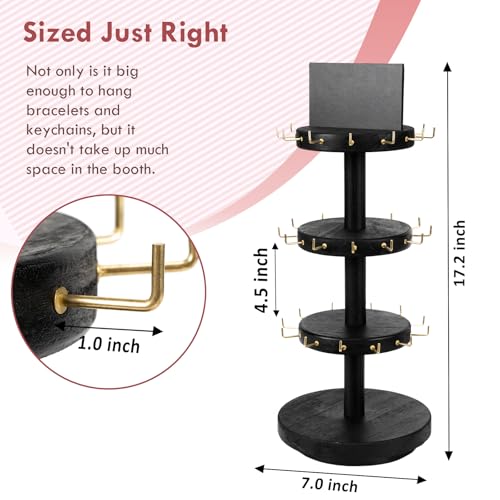 Pinzoveco Bracelet Holder, 3 Tier Wooden Rotating Bracelet Display Stand, Tree Stand Vendor Booth Display with Adversitsing Board, 36 Hooks for Bracelet, KeyChain Display Stands for Selling, Black (Patent Pending) - color: Weathered Black