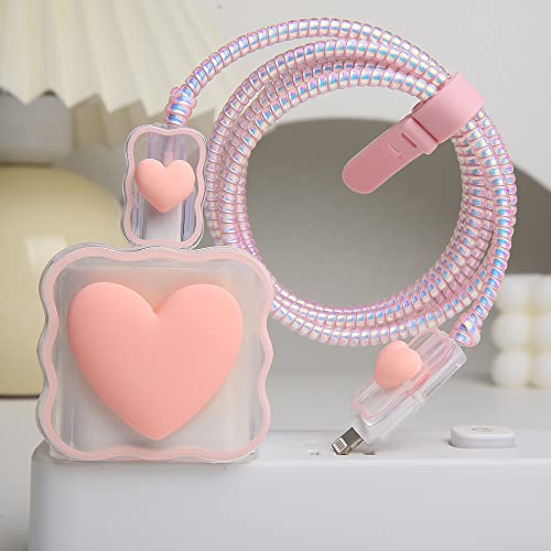 Compatible with iPhone 18W/20W USB-C Charger Cover Lovely 3D Love Heart Waves Clear Soft Charger Protector Cute Cable Saver for iPhone 11 12 13 14 Pro Max Fast Power Adapter, Pink 1 (5in1) - color: Pink 1 (5 in 1)