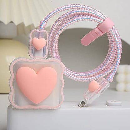 Compatible with iPhone 18W/20W USB-C Charger Cover Lovely 3D Love Heart Waves Clear Soft Charger Protector Cute Cable Saver for iPhone 11 12 13 14 Pro Max Fast Power Adapter, Pink 1 (5in1) - color: Pink 1 (5 in 1)