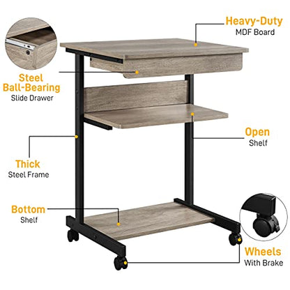 Yaheetech Rolling Computer Desk with Drawer & Keyboard Tray, Mobile Laptop Desk Cart Standing Computer Workstation for Home Office, Gray - color: Grey